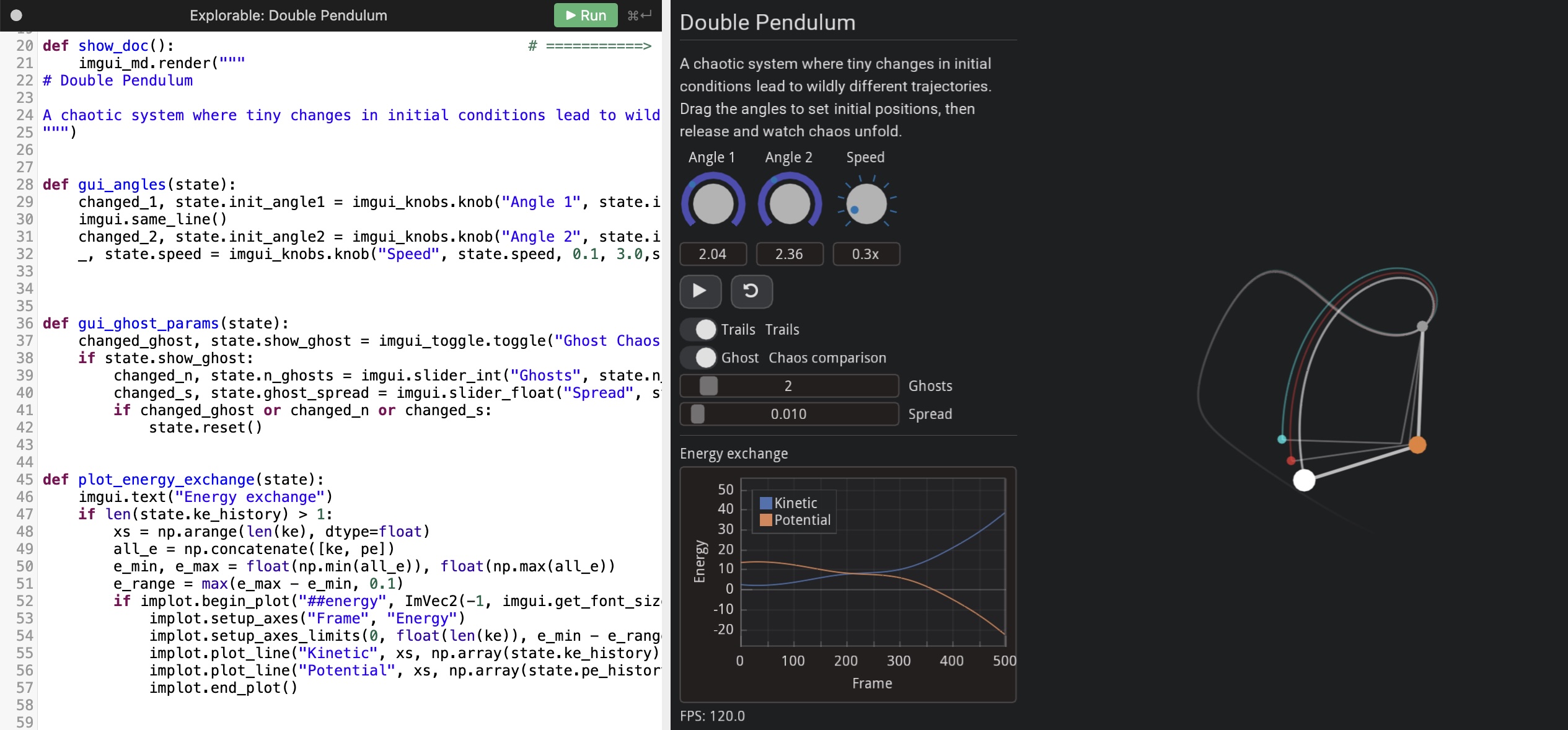 Double pendulum playground running entirely in the browser via Pyodide — Python source on the left, interactive UI in the middle, animation on the right