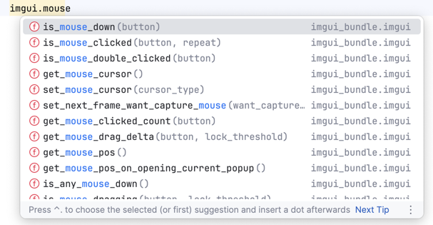 IDE auto completion of imgui.mouse... shows all related functions