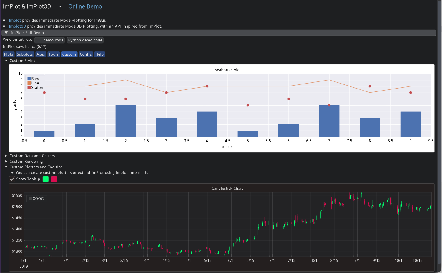ImPlot demo showcasing various plot types and features.