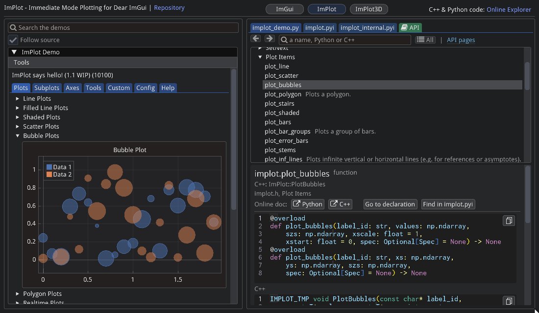 The ImGui Explorer's API tab: the card of an ImPlot function beside its demo code