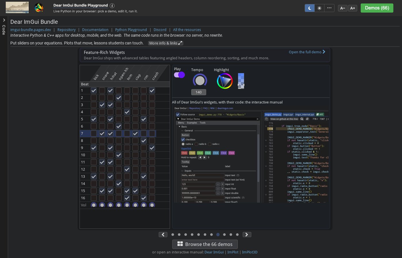 The playground's welcome screen: a carousel of live slides, here a drum machine with knobs and the Dear ImGui manual